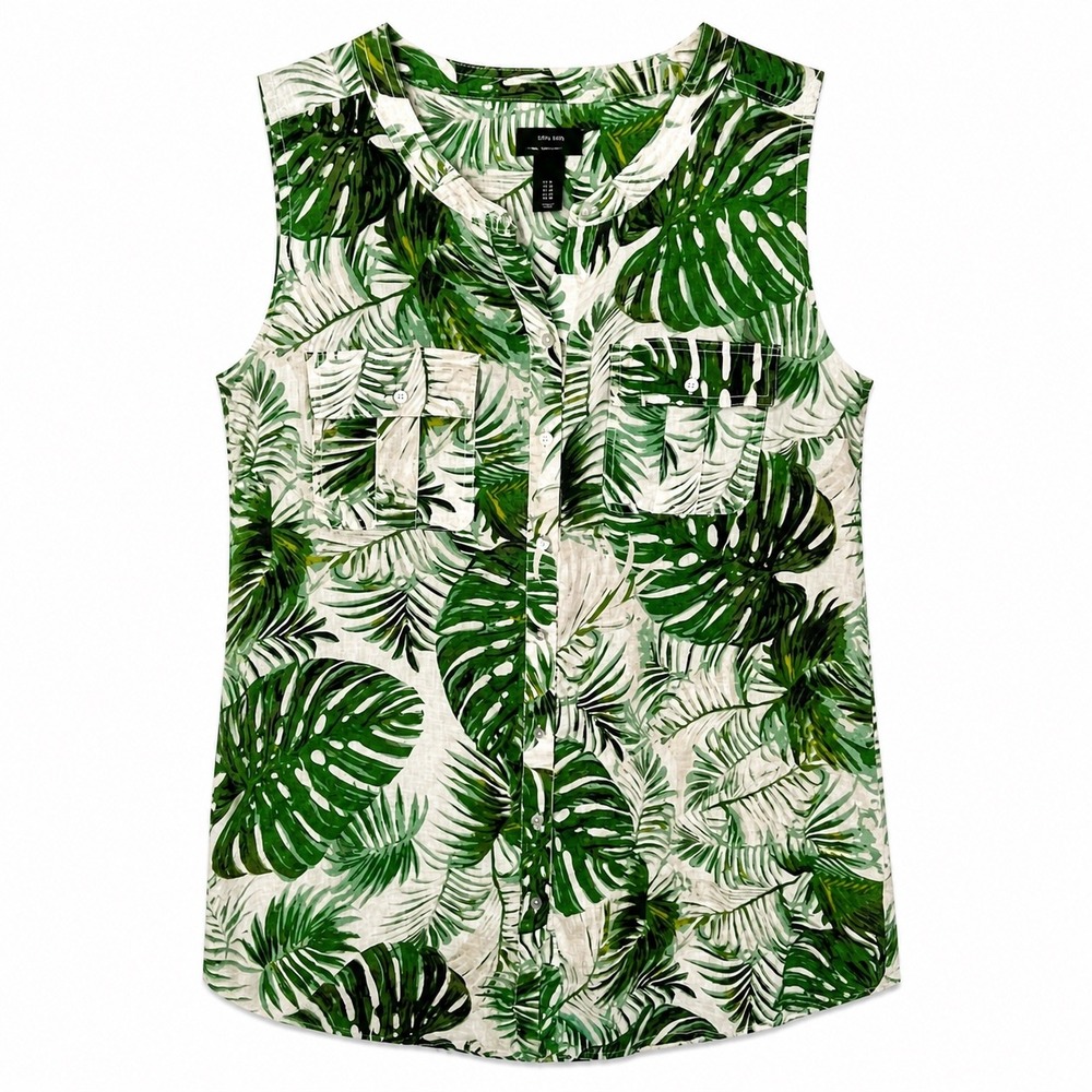 Tahari Linen Tropical Print Blouse Green Leaf Sleeveless Size 1X